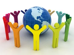 Colorful figures around a globe